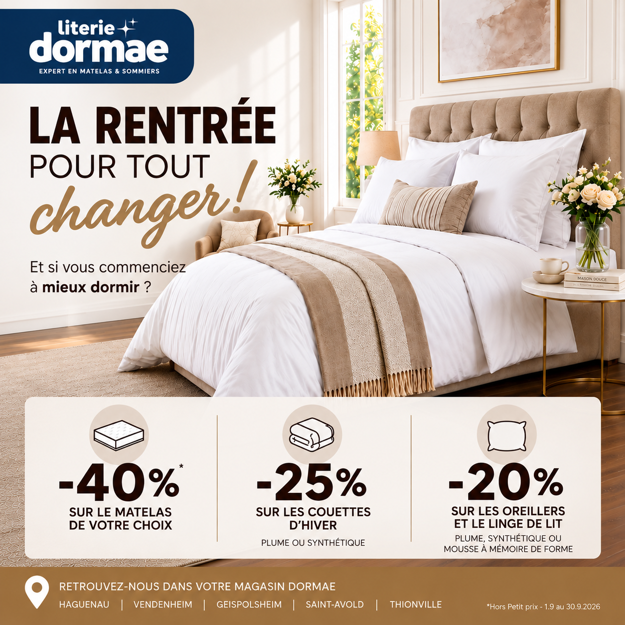 Promotion literie Dormae - magasin de literie et matelas Promotion literie Dormae: jusqu'à -40% Matelas, -25% Coussins et couettes, -20% Linge de lit